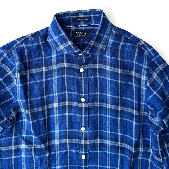 North Country European Flax Linen Blue Check L/S Button Front Shirt Medium M - Picture 2 of 3